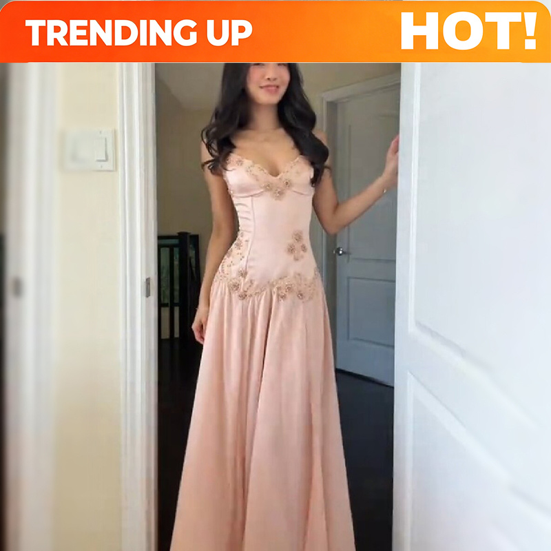 Women Formal Wear Dress - Elegant V-Neck Pink Strapless Maxi Dress